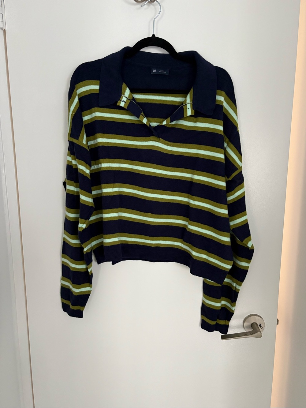 GAP Navy and Green Striped Collared Sweater